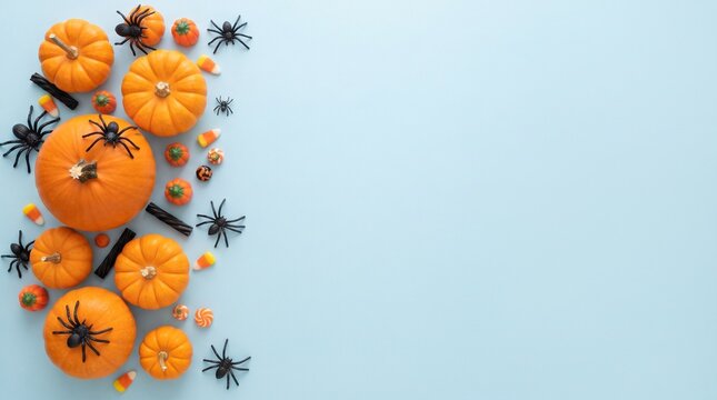 Flat lay composition of orange pumpkins and black spiders on a light blue background for halloween