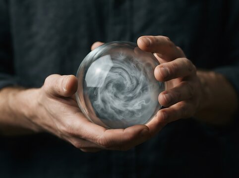 Close up of a person holding a crystal glass sphere with swirling smoke inside.