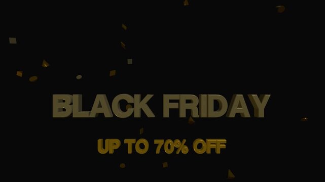 High-impact 3D physics-based Black Friday promotion with luxury dark aesthetic, gold typography, heavy drop, elastic squash and rebound, and golden particles.