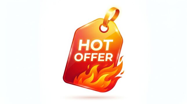 Polished sale tag with hot offer fire effect hanging