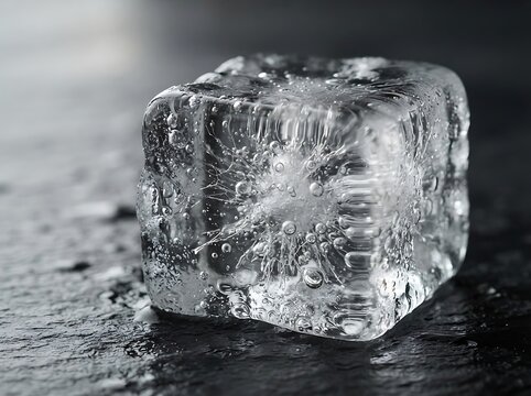 A single clear ice cube sitting on a dark textured surface.