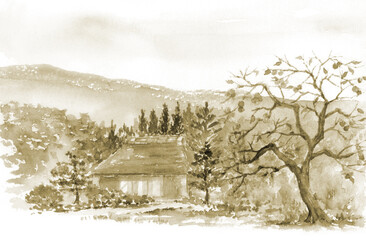 セピア色の柿の木と茅葺屋根の家の風景 © miko