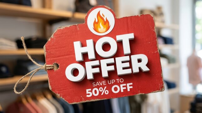 Red sale tag advertising hot offer with fifty percent discount