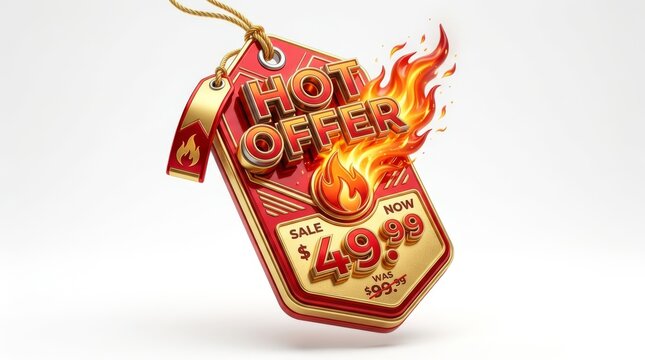 Hot sale price tag with fire effect and discounted amount in 3d render