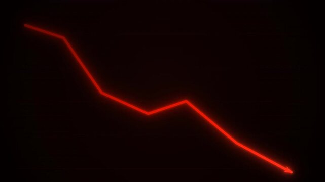 Glowing red arrow line moving downward on a dark background symbolizing a stock market crash or financial recession.