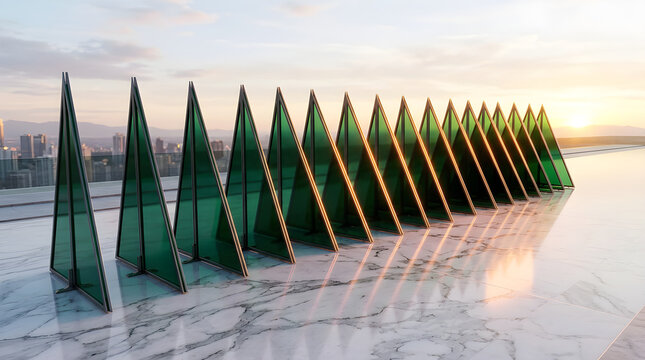 3D render of a row of tall royal blue triangular panels standing at a slight lean, symmetrical frontal view, against a smoky charcoal backdrop, with soft diffused studio lighting