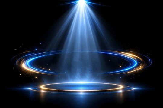 Empty stage with glowing blue spotlight and circular light rings on a dark black background