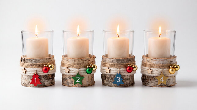 Four lit advent candles in rustic birch wood holders decorated with festive ornaments, numbered one through four, isolated on a white background for Christmas.