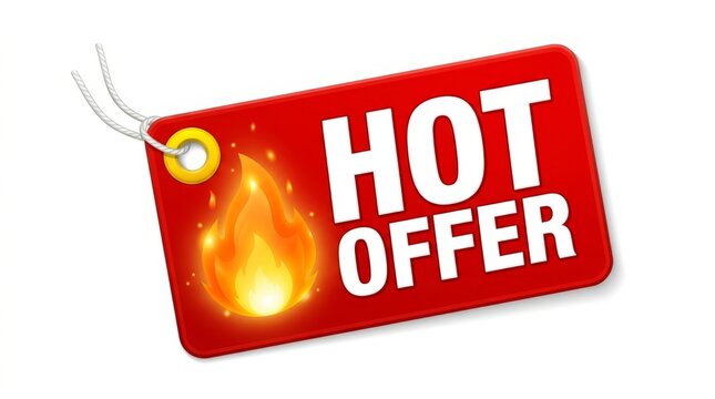 Red hot offer sale tag with flame graphic on white background