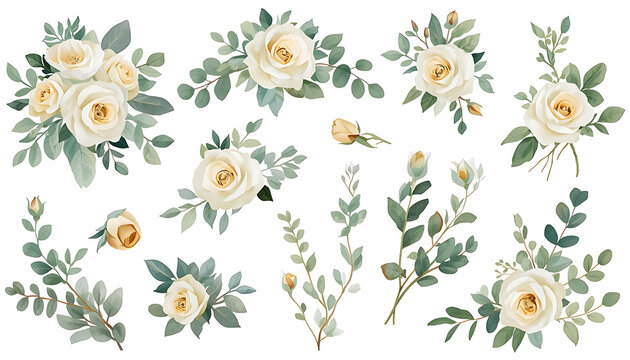 Cream white rose flower bouquet illustration with green leaves isolated on transparent background for wedding invitation.