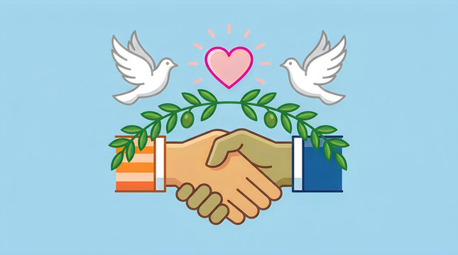 A vibrant colorful illustration shows a friendly handshake between two people with doves and a heart representing peace love and successful collaboration