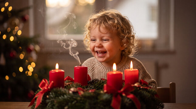 A joyous curly-haired toddler blows out a smoking red candle on a festive Christmas Advent wreath in a cozy, decorated living room.