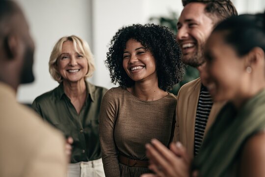 A diverse group of smiling professionals sharing a light moment in an office meeting, conveying warmth, teamwork, and positive connection.
