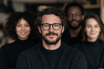 Fototapeta premium Smiling male team leader with glasses and beard stands in front of a diverse group of colleagues in a modern office portrait.