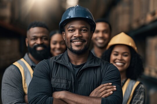 Confident foreman in a hard hat smiles with a diverse team of warehouse workers behind him in an industrial storage setting.