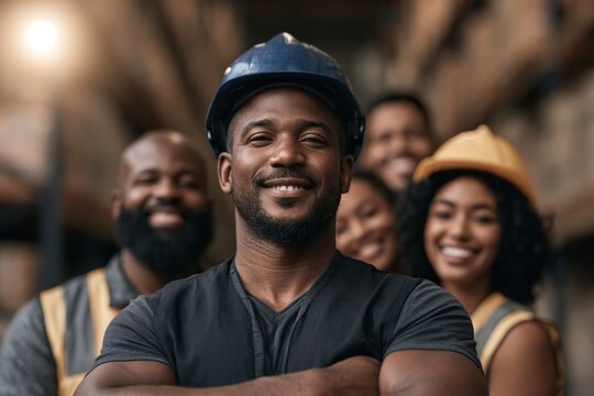 Smiling group of diverse warehouse workers in hard hats and safety gear posing confidently in an industrial storage or distribution setting.