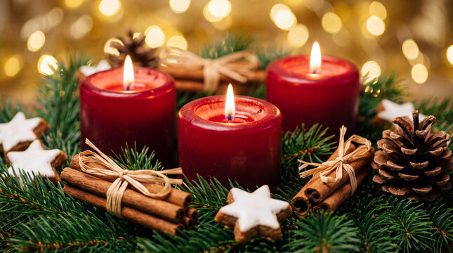 A festive Christmas advent wreath featuring three glowing red candles, cinnamon sticks, pine cones, and star-shaped cookies on evergreen branches with bokeh lights.
