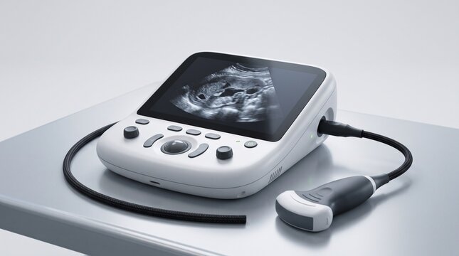 Portable ultrasound machine with fetal sonogram on screen, professional medical diagnostic equipment, handheld sonography scanner for pregnancy monitoring