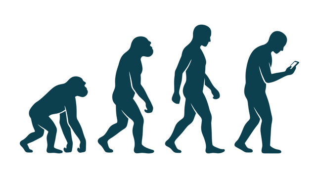 Human evolution infographic silhouette showing the regression of posture due to excessive mobile phone usage.