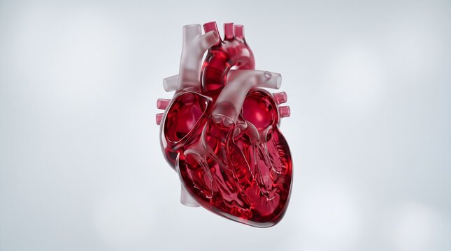 Anatomical human heart model, translucent red glass organ with visible internal chambers, medical cardiology illustration on white background