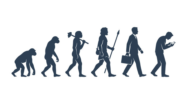 Timeline illustrating human evolution from an ape through prehistoric stages to a worker and smartphone user.