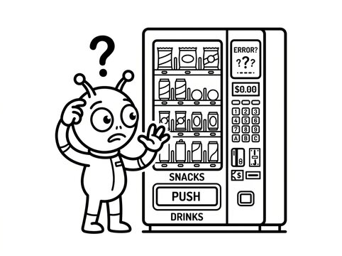 Confused alien selecting snacks from futuristic vending machine illustration.