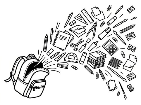 School supplies bursting out of a backpack in a creative illustration.