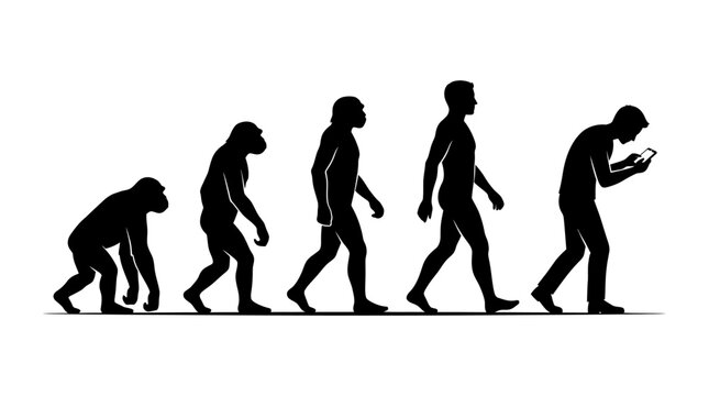 Evolution depicting the chronological progression from primates to a modern human looking at a smartphone.