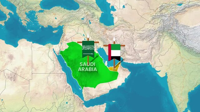 Saudi Arabia and UAE flags on map marking regional borders animation