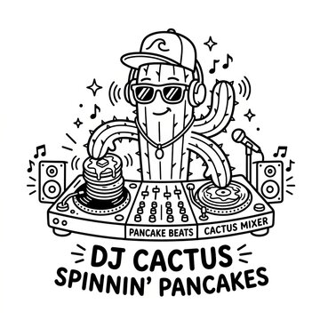 Cartoon DJ mixing pancakes and cactus themed beats.