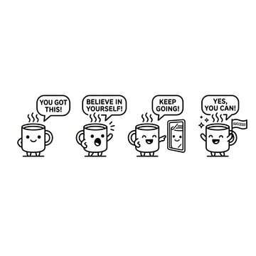 Cartoon illustration of coffee cups with motivational speech bubbles for social media or presentation use.