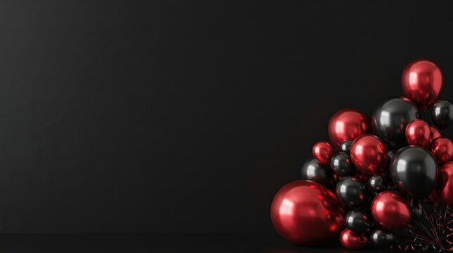 Festive black friday ballons decoration with shiny red and black spheres on dark background