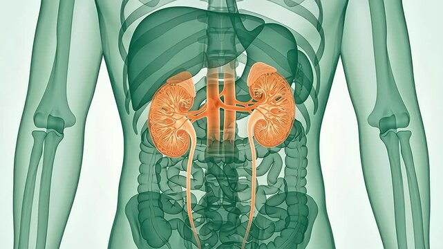 3D medical animation illustrating the human anatomy with a focus on the kidneys and renal system within the body's internal organs.
