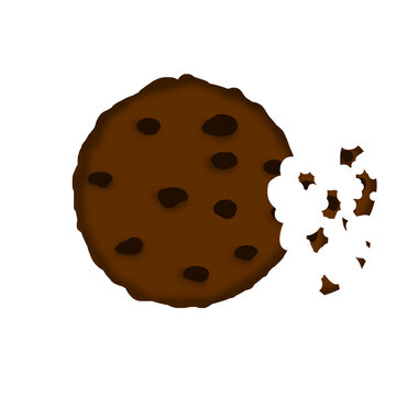 Chocolate biscuit.Brown chocolate chip cookie with a bite taken out of it and scattered crumbs. Crunchy biscuit cartoon flat illustration. Choco chip cookies icon logo isolated on white background