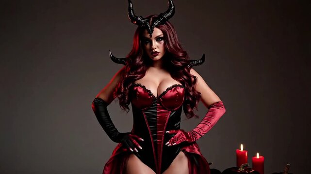 Seductive woman in a red and black demoness costume with black horns posing in a dark studio with glowing jack-o'-lanterns and burning candles.