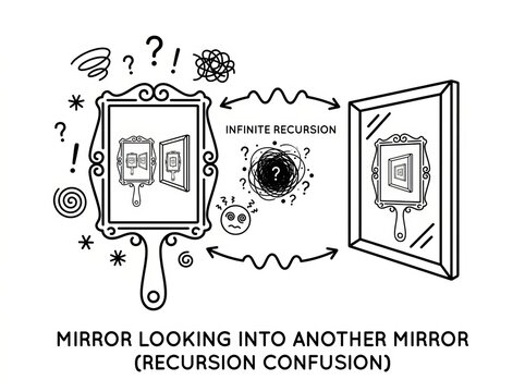 Abstract illustration of mirrors reflecting each other causing infinite recursion confusion.