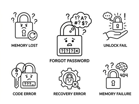 Set of icons depicting common digital device memory and password errors.