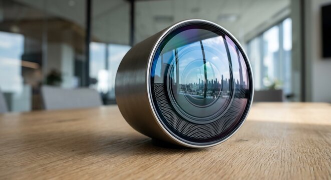 Metallic camera lens device reflecting skyline on wooden table