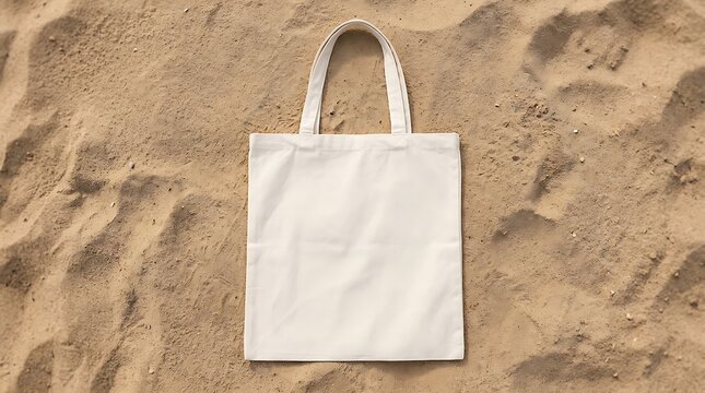 Blank canvas tote bag rests on textured beach sand