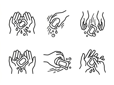 Set of six hand-drawn icons depicting various hand gestures and interactions.