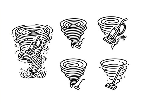 Set of five whimsical tornadoes with playful human faces and arms.
