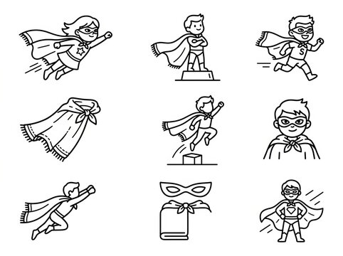 Collection of stylized superhero icons with capes and masks in black and white line art.