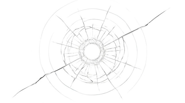 Broken glass window with concentric ring cracks and a long diagonal fracture line shown as isolated PNG with transparent background