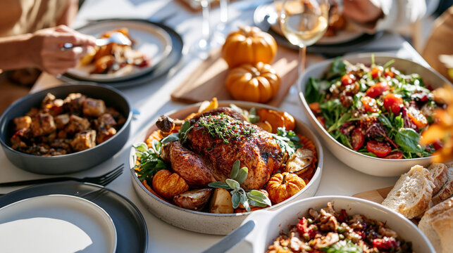 A delightful thanksgiving potluck spread full of warmth and flavors shared among friends and family Generative AI