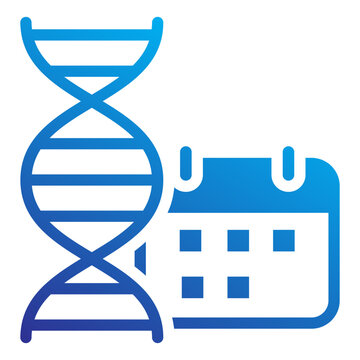 Longevity and anti-aging science icon featuring a DNA helix and a calendar symbol, representing biological age tracking, life expectancy research, and genetic health scheduling in blue gradient.