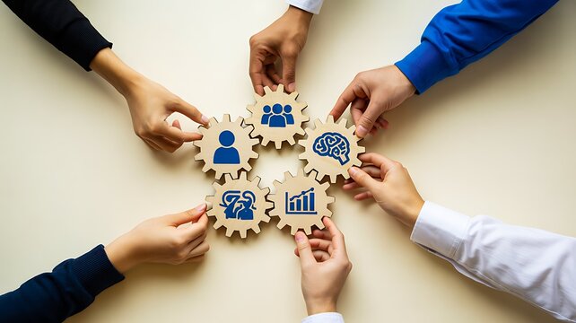 Teamwork concept with diverse hands connecting around business strategy icons