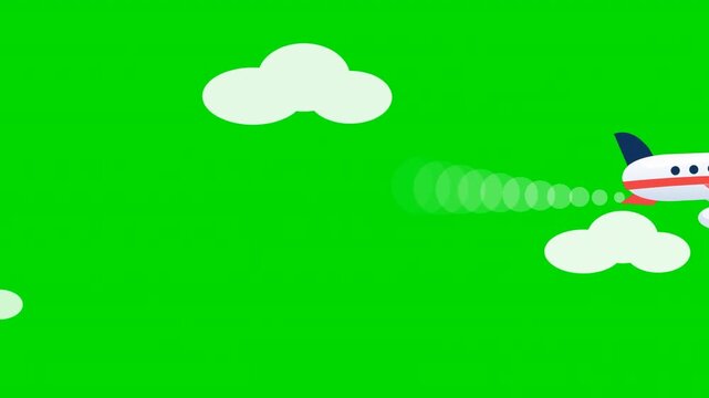 Animated yellow and red vintage biplane flying through white clouds on a green screen background