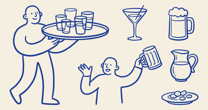 Blue line art vector set of bar elements including waiter, glasses, beer mugs, and pitcher