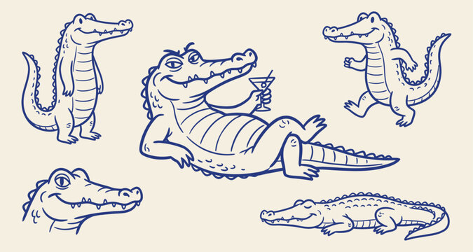 Blue line art vector set of cute alligators and crocodiles in various playful poses
