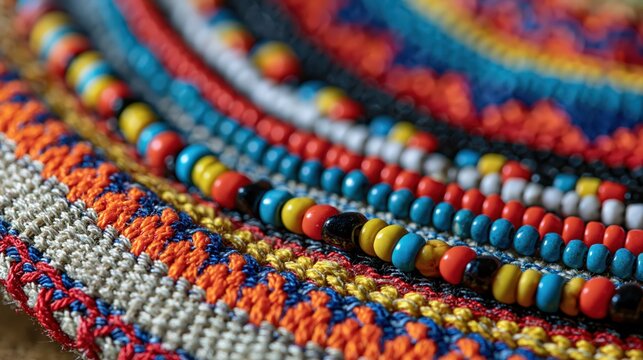 Colorful beaded embroidery on woven fabric with shallow depth of field vibrant abstract pattern